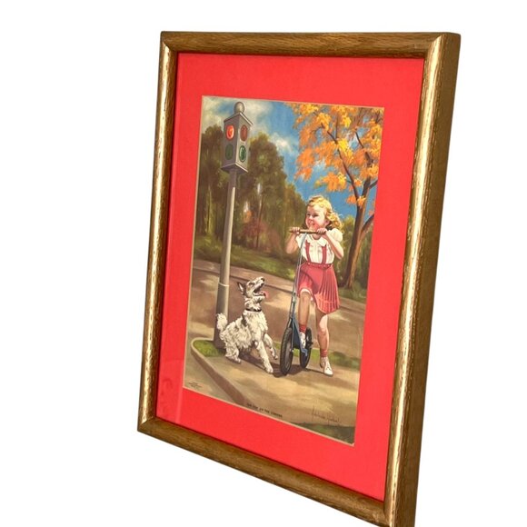 Vtg MCM Adelaide Hiebel Print "Cop on the Corner" with Gold Frame & Orange Mat - Picture 3 of 13